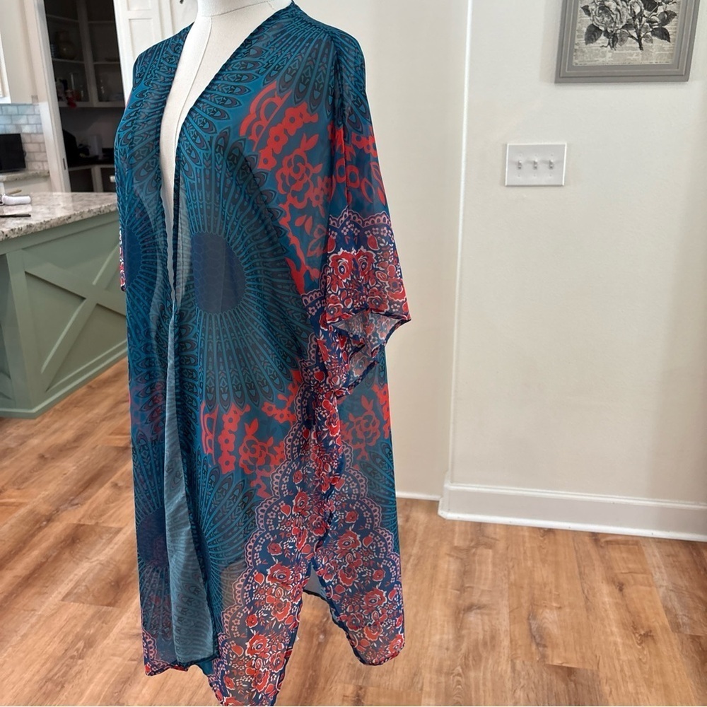 Women's Large Sheer Long Kimono Teal Blue Orange Boho Overlay Casual Flowy Top - Picture 6 of 7